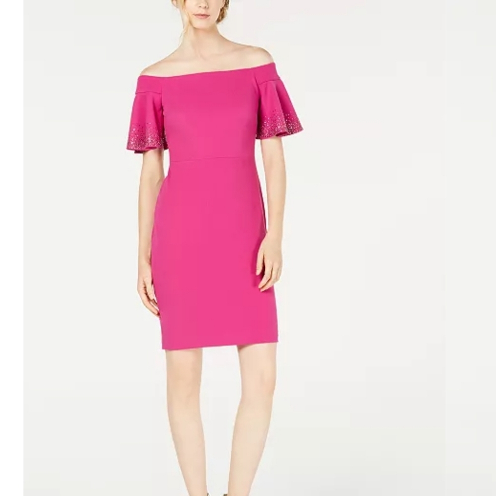 Calvin Klein Embellished off-The-Shoulder Sheath dress